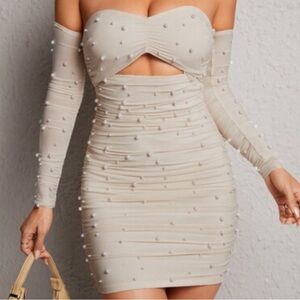 SHEIN Cream Long Sleeve Ruched Dress